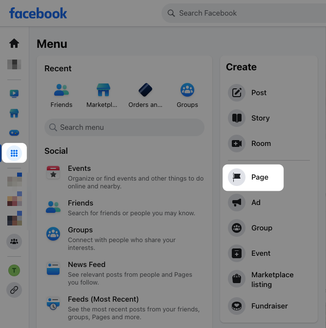Access Facebook Pages from the sidebar and click Create New to start a business page.