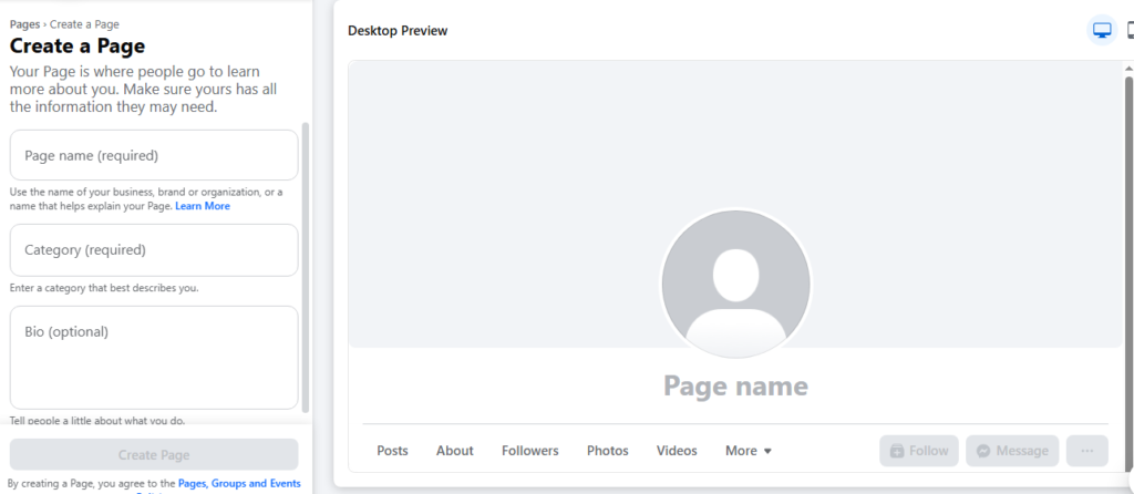 Fill in your Facebook Page name, business category, and description to build brand identity.