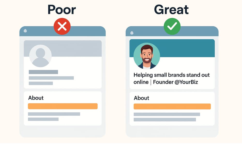 Side-by-side comparison of weak vs. strong LinkedIn profile with headshot and complete headline and about section