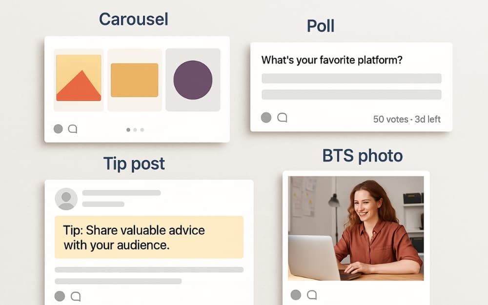 Flat-lay showing four LinkedIn post types: carousel, poll, tips post, behind-the-scenes photo