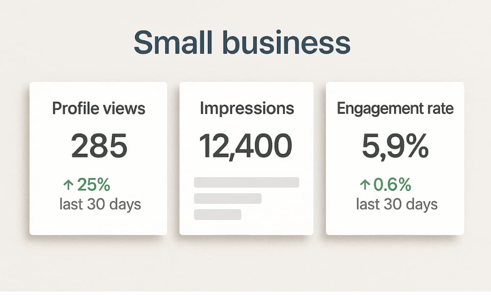 Simplified LinkedIn analytics dashboard showing profile views, impressions, and engagement rate