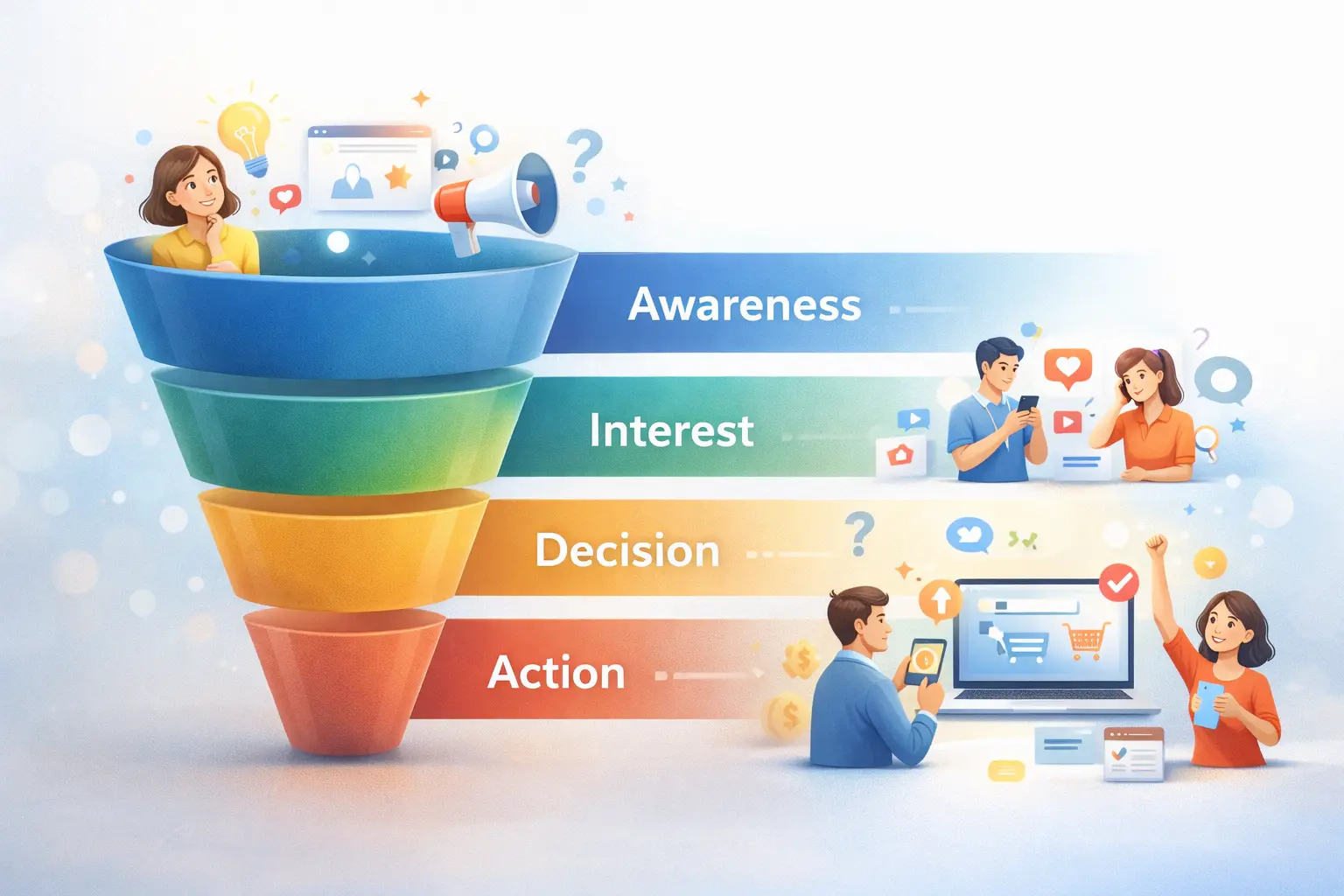 Sales funnel illustration showing awareness, interest, decision, and action stages with users moving toward conversion
