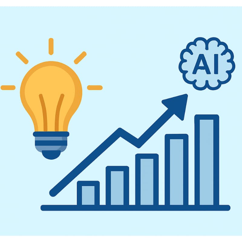 AI SEO growth illustration with lightbulb, rising bar graph, and brain icon symbolizing digital opportunities.