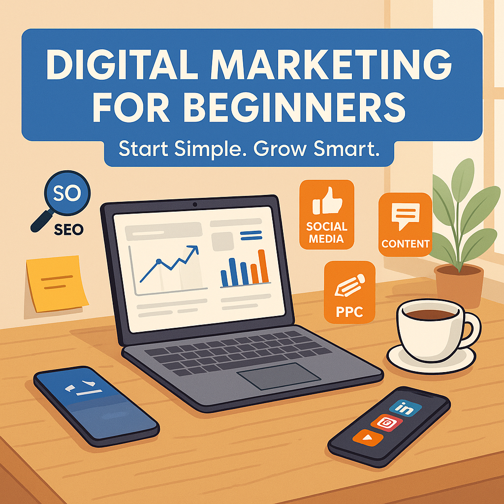 Illustration of diverse people using digital devices surrounded by icons representing social media, email, SEO, and marketing tools, symbolizing beginner-friendly digital marketing concepts.