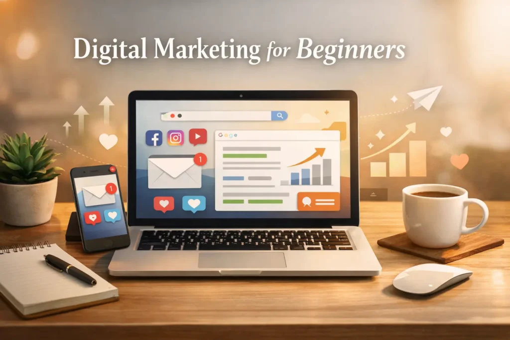 Digital marketing for beginners illustrated with social media, search, email, and online growth elements
