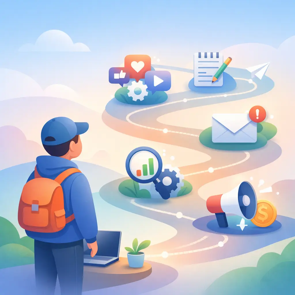 Visual representation of digital marketing for beginners showing SEO, social media, content, email, and online growth