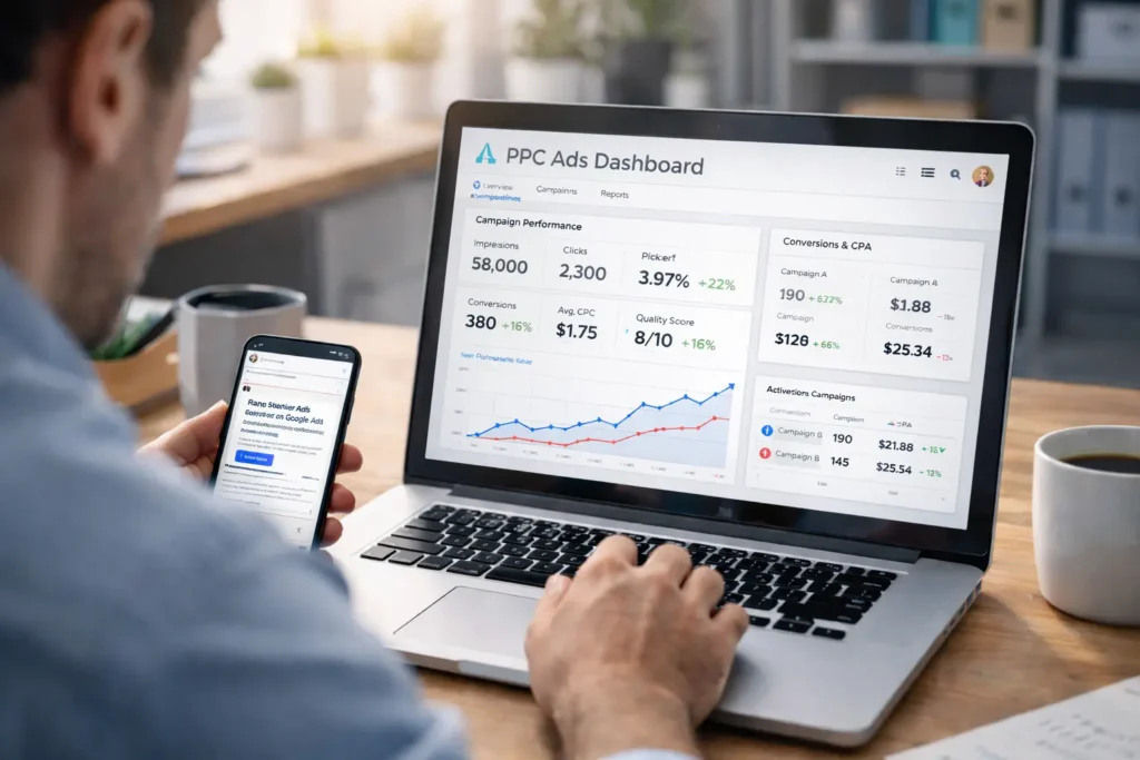 Digital marketing for beginners PPC advertising dashboard showing paid ad performance metrics