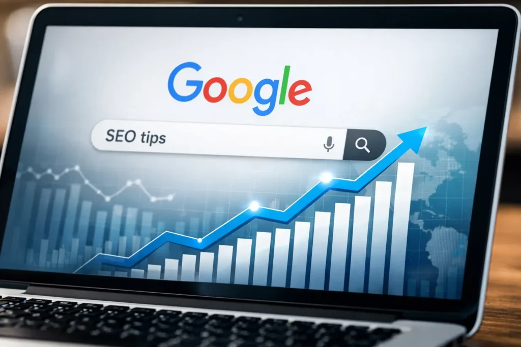 Digital marketing for beginners SEO strategy showing website ranking growth