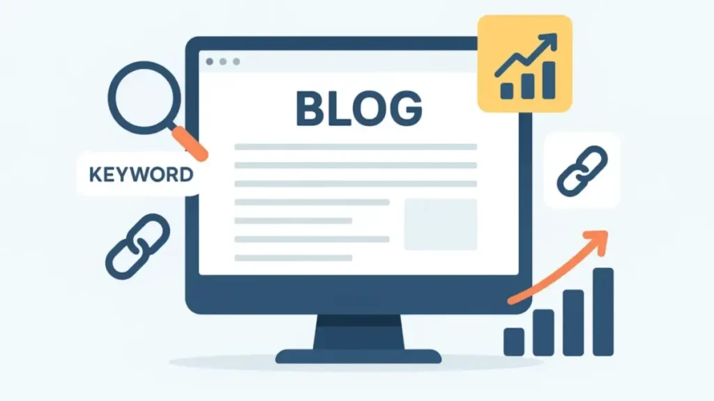 Free marketing tactics for small businesses illustration showing blog content, keyword optimization, backlinks, and organic traffic growth chart