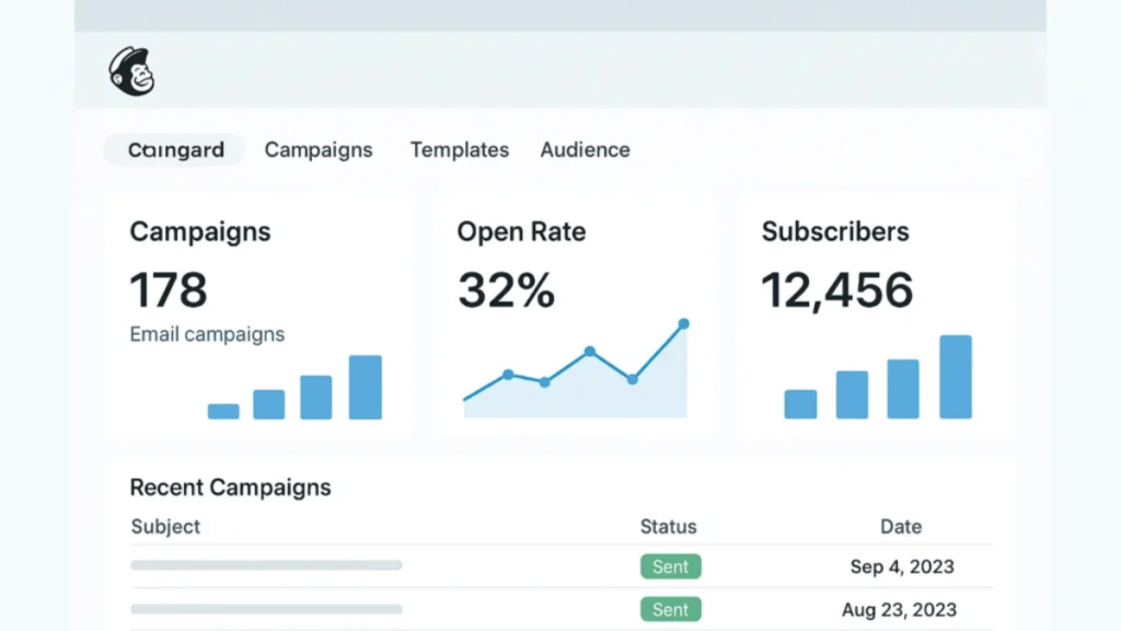 Free marketing tactics for small businesses example showing email marketing dashboard with open rate, subscriber growth, and campaign performance analytics