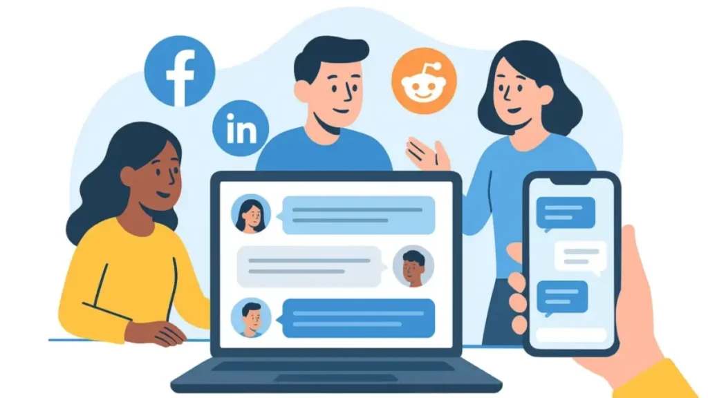 Free marketing tactics for small businesses illustration showing social media engagement, online communities, and organic audience interaction across platforms