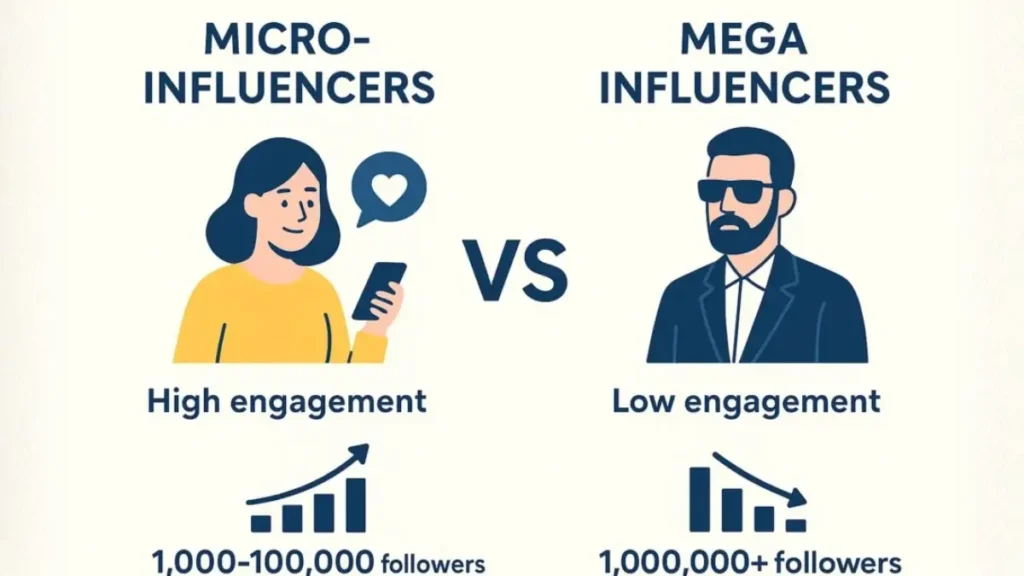 Free marketing tactics for small businesses comparison showing micro-influencers vs mega influencers with engagement rate differences and follower counts