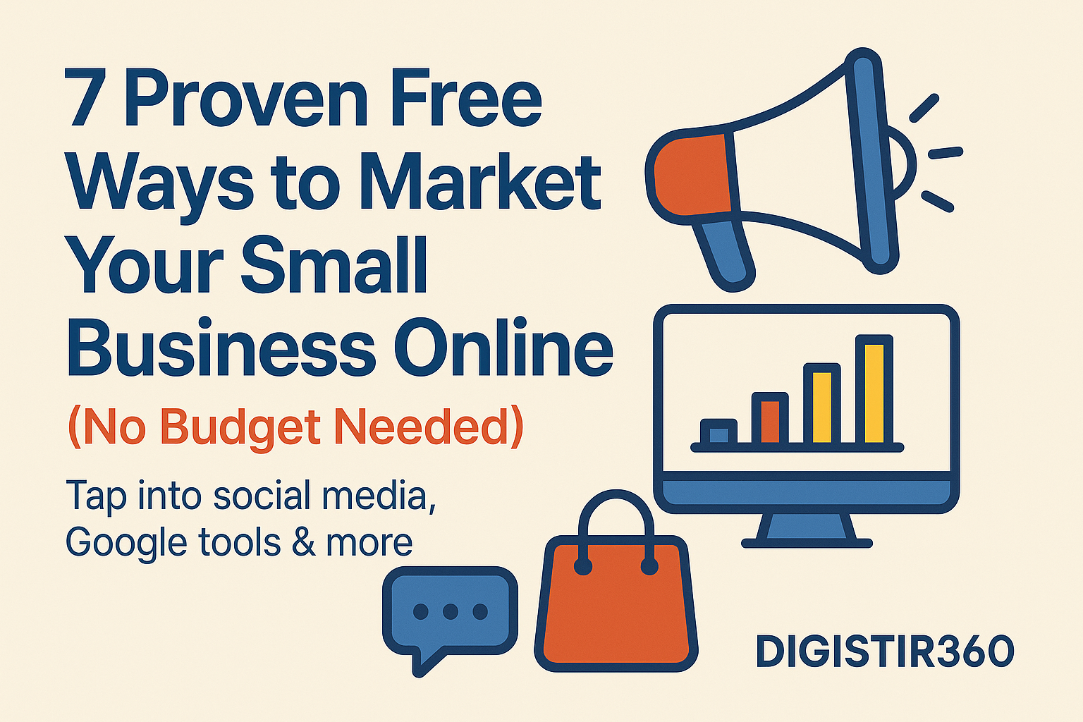 A flat-style digital graphic by DigiStir360 promoting “7 Proven Free Ways to Market Your Small Business Online (No Budget Needed),” featuring a megaphone, a bar chart on a computer monitor, a speech bubble, and a shopping bag in blue, orange, and beige tones.