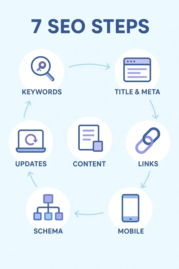 A clean infographic showing 7 SEO steps — keywords, meta tags, content, links, mobile, schema, and updates — in a modern flat design.