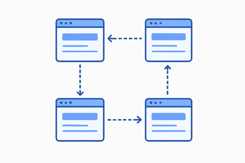 A flat line diagram showing connected web pages with dotted arrows, representing internal linking in SEO.