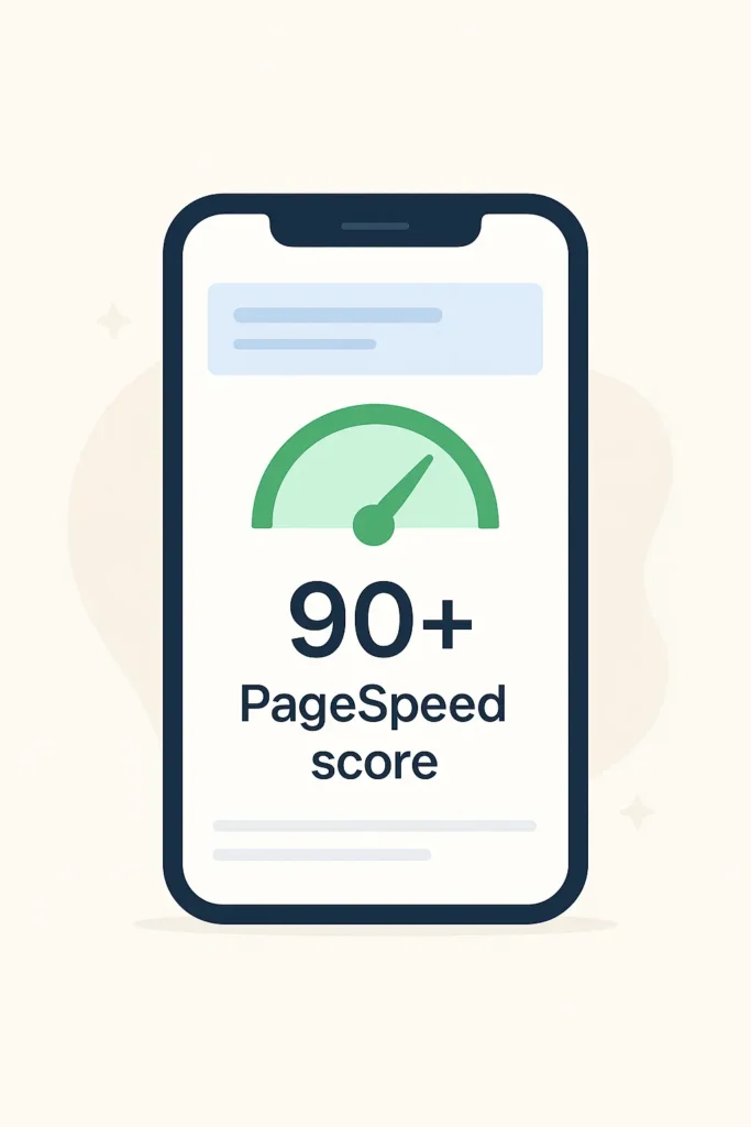 Modern flat-style illustration of a smartphone showing a fast-loading website with a green speedometer icon and the text “90+ PageSpeed score” on the screen. The design features a bright, minimalist background and a clean, mobile-friendly aesthetic.