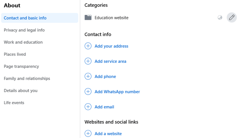 Complete your Facebook page with contact info, website, business hours, and location details.