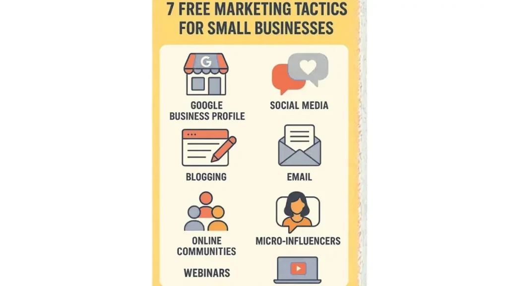 Free marketing tactics for small businesses infographic showing Google Business Profile, social media, blogging, email marketing, online communities, micro-influencers, and webinars