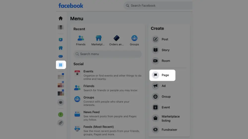 Access Facebook Pages from the sidebar and click Create New to start a business page.