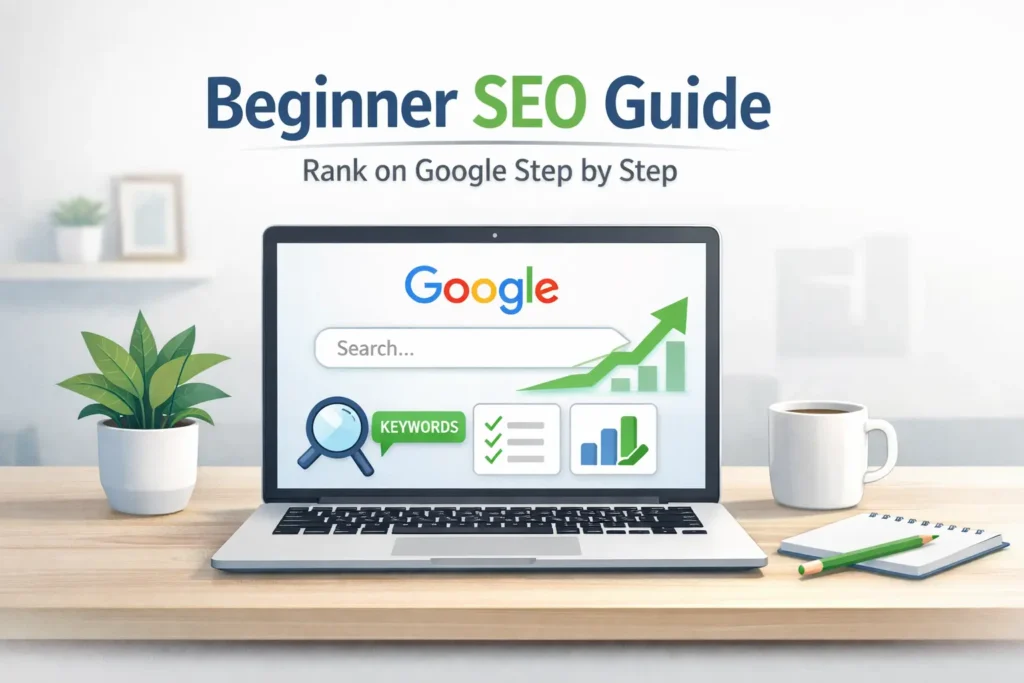 Beginner SEO guide showing how to rank on Google with simple SEO steps