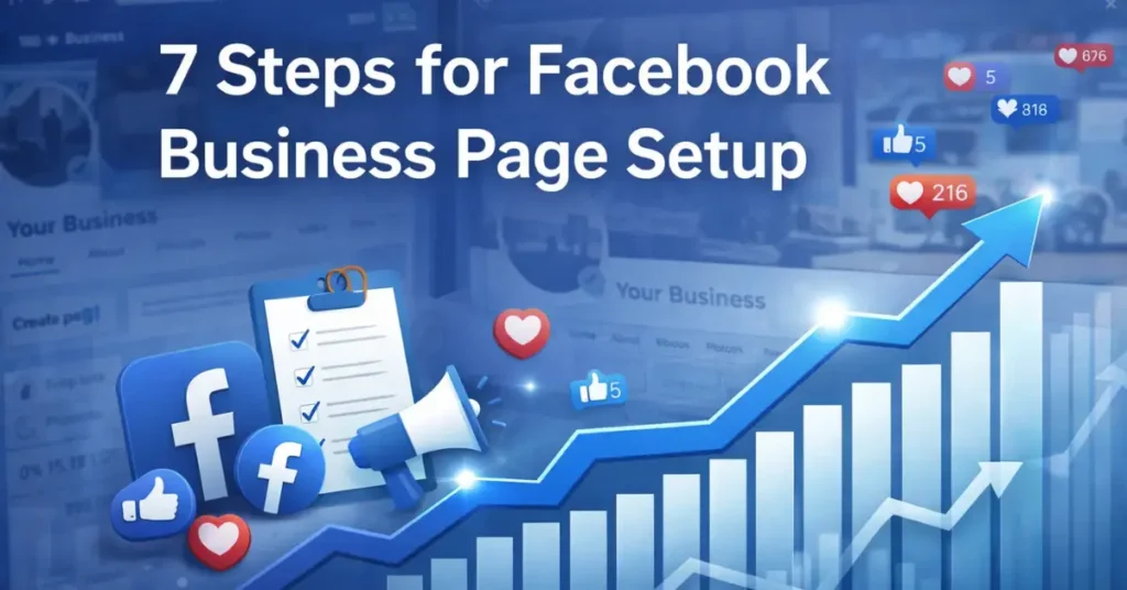 Blog banner showing 7 steps for Facebook Business Page Setup with modern digital marketing visuals