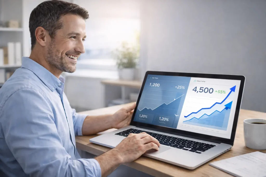 Free marketing tactics for small businesses example showing entrepreneur analyzing organic traffic growth and website performance analytics on laptop