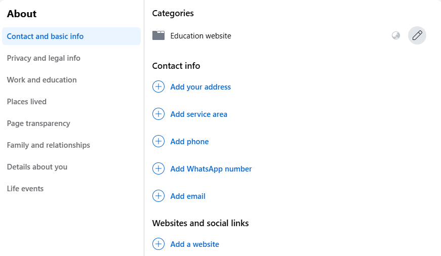Complete your Facebook page with contact info, website, business hours, and location details.