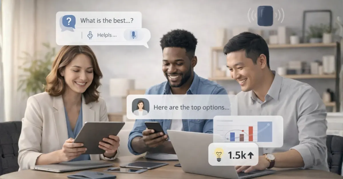 Featured image for Answer Engine Optimization showing professionals collaborating with AI and voice search graphics in a modern digital marketing setup