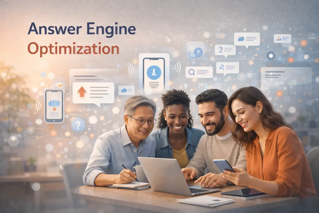Blog banner for Answer Engine Optimization showing diverse professionals collaborating with AI assistants and voice search icons in a modern digital marketing environment.
