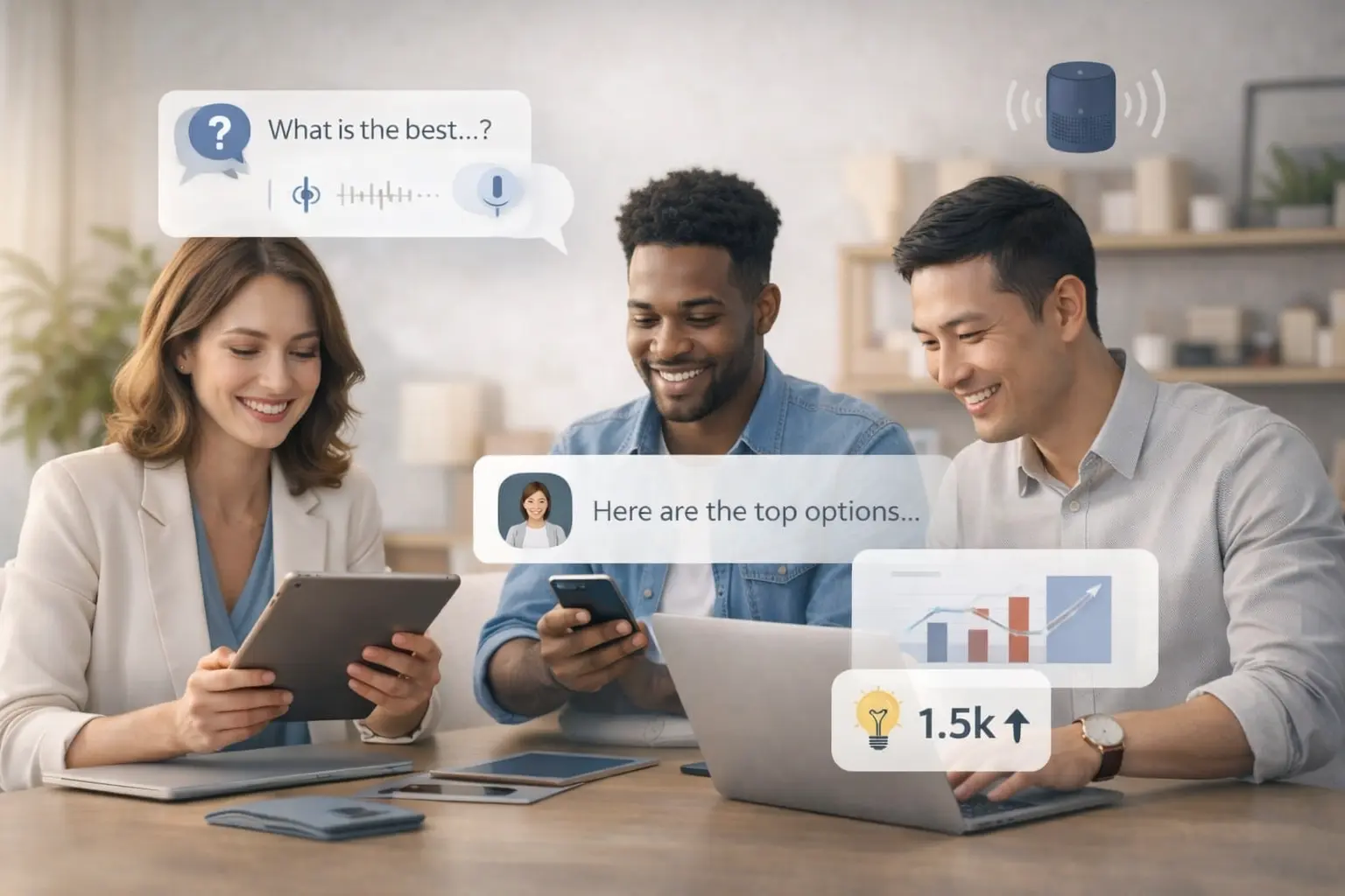 Featured image for Answer Engine Optimization showing professionals collaborating with AI and voice search graphics in a modern digital marketing setup