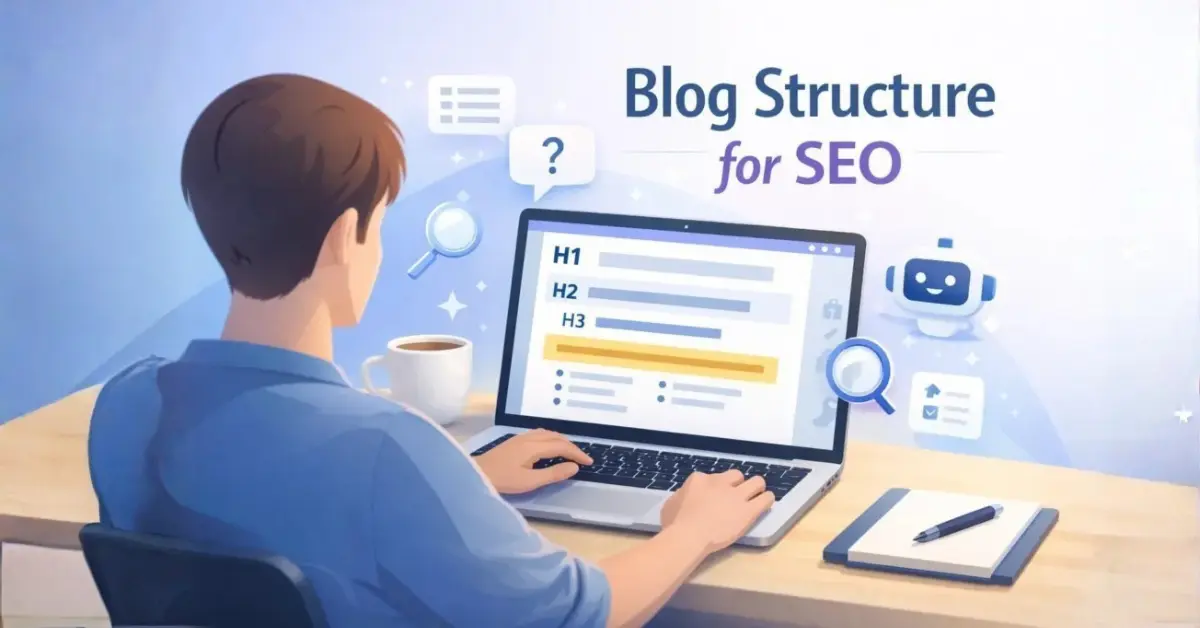 Featured image showing a blogger using a structured content layout to improve blog structure for SEO, readability, and AI visibility.