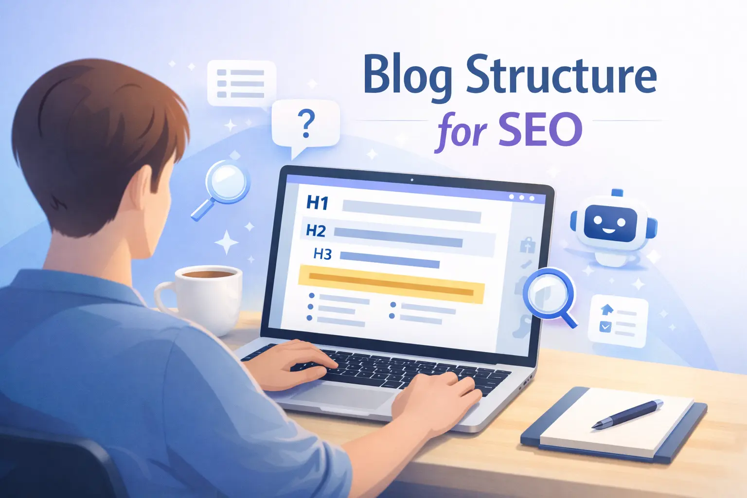Featured image showing a blogger using a structured content layout to improve blog structure for SEO, readability, and AI visibility.