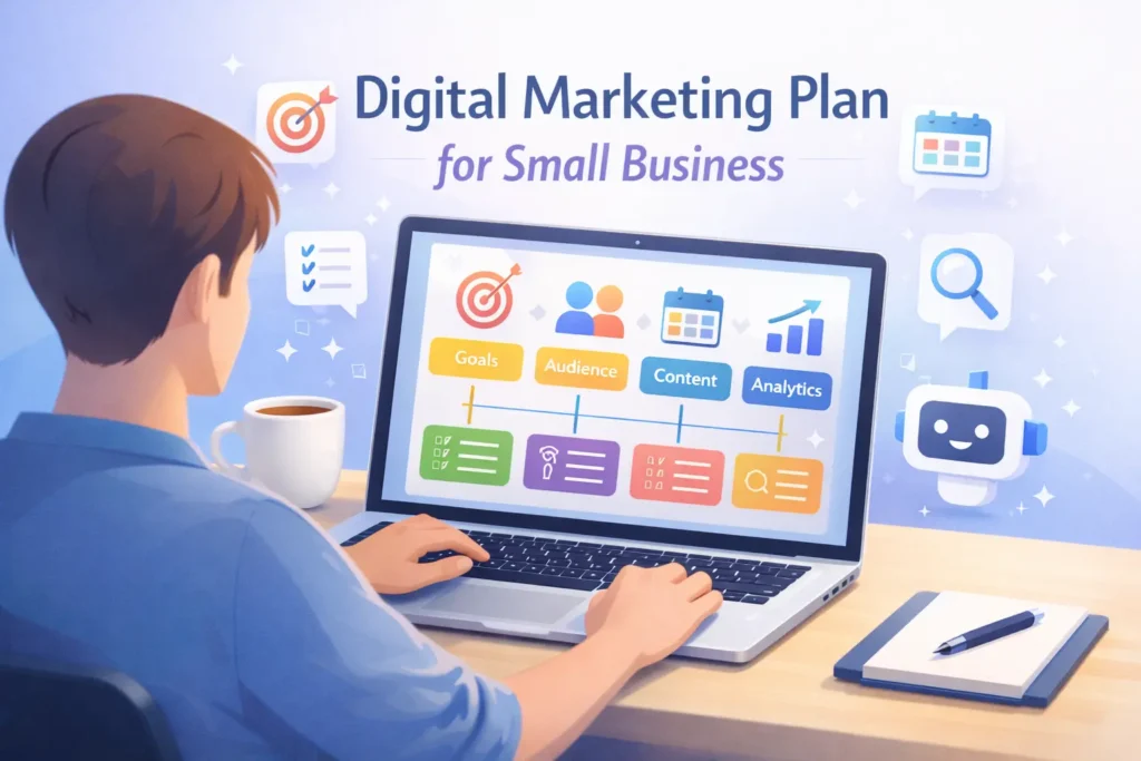 Digital marketing plan for small business showing a structured strategy roadmap with content, SEO, and growth planning on a laptop screen