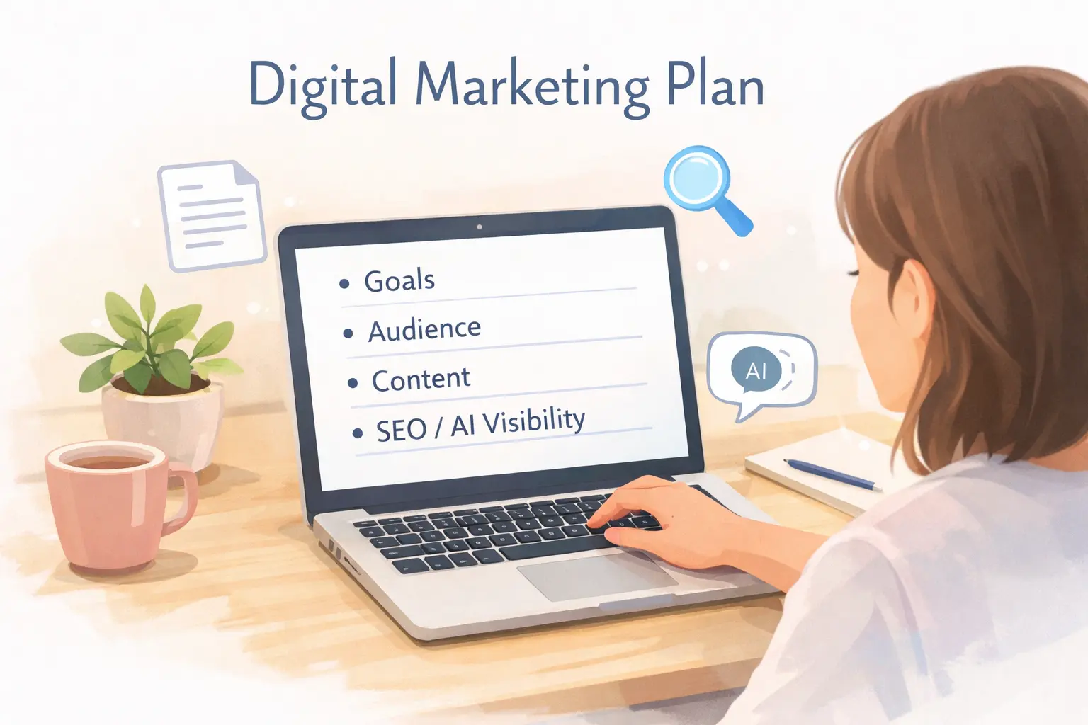 Digital marketing plan for small business illustrated through a simple content and strategy layout on a laptop screen
