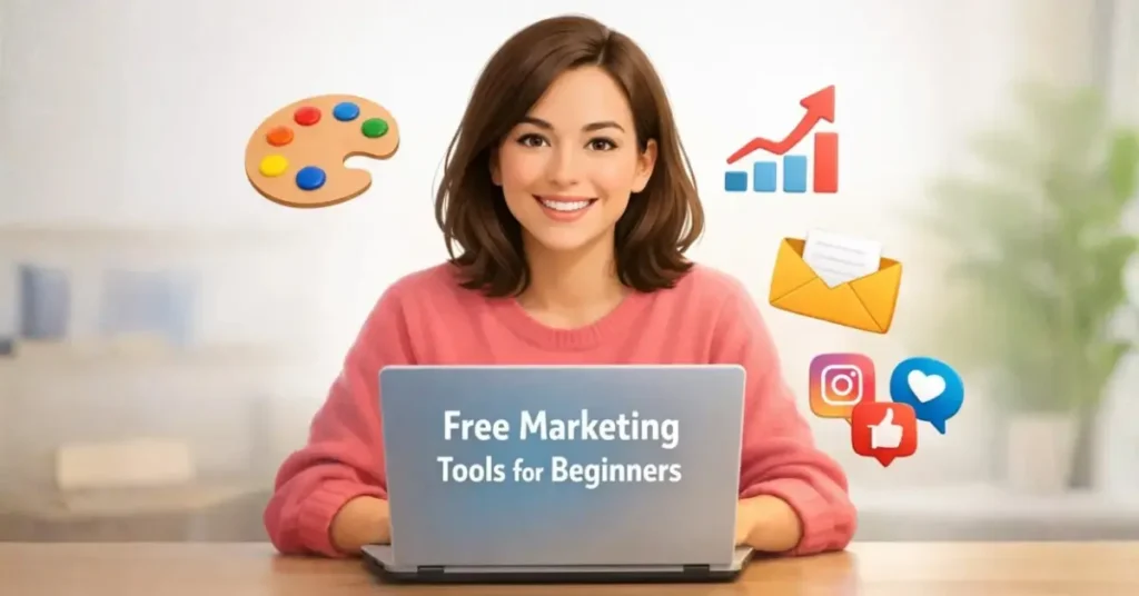 Featured image showing a beginner using free marketing tools on a laptop to grow online presence through SEO, social media, and content creation.