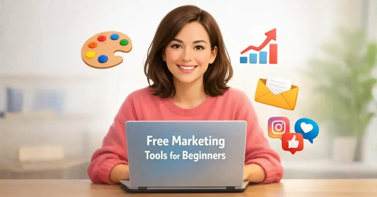Featured image showing a beginner using free marketing tools on a laptop to grow online presence through SEO, social media, and content creation.