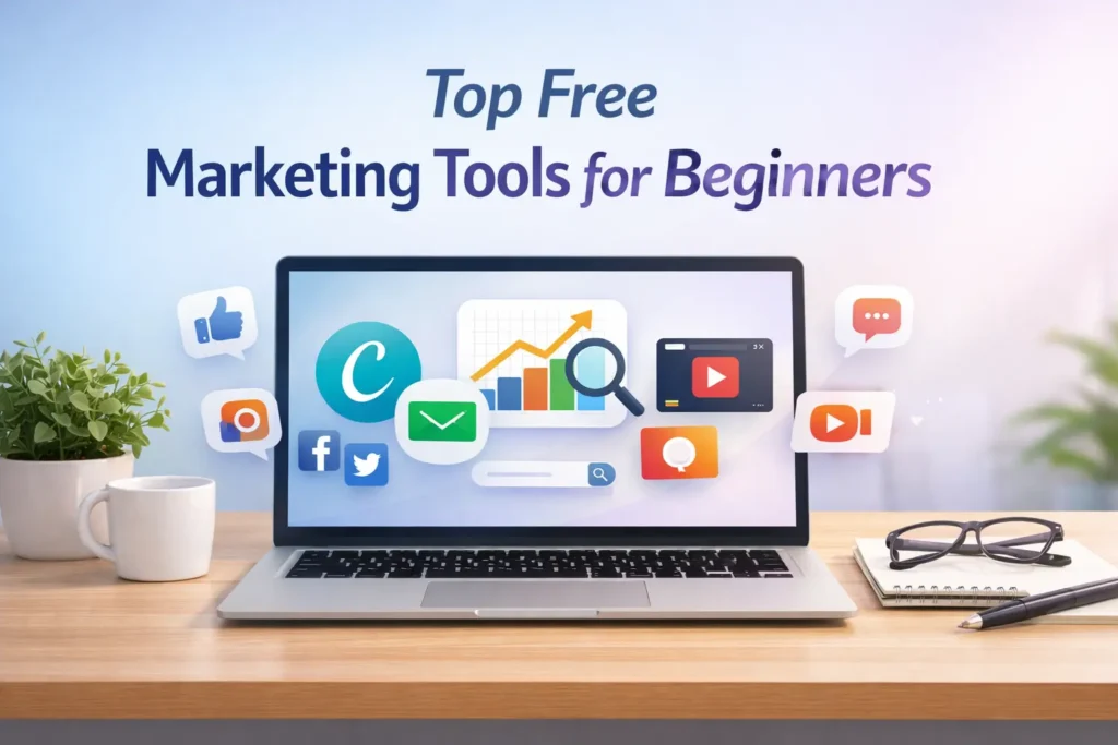 Blog banner showing a laptop with icons representing free marketing tools for beginners, including design, SEO, email marketing, social media, and video tools.