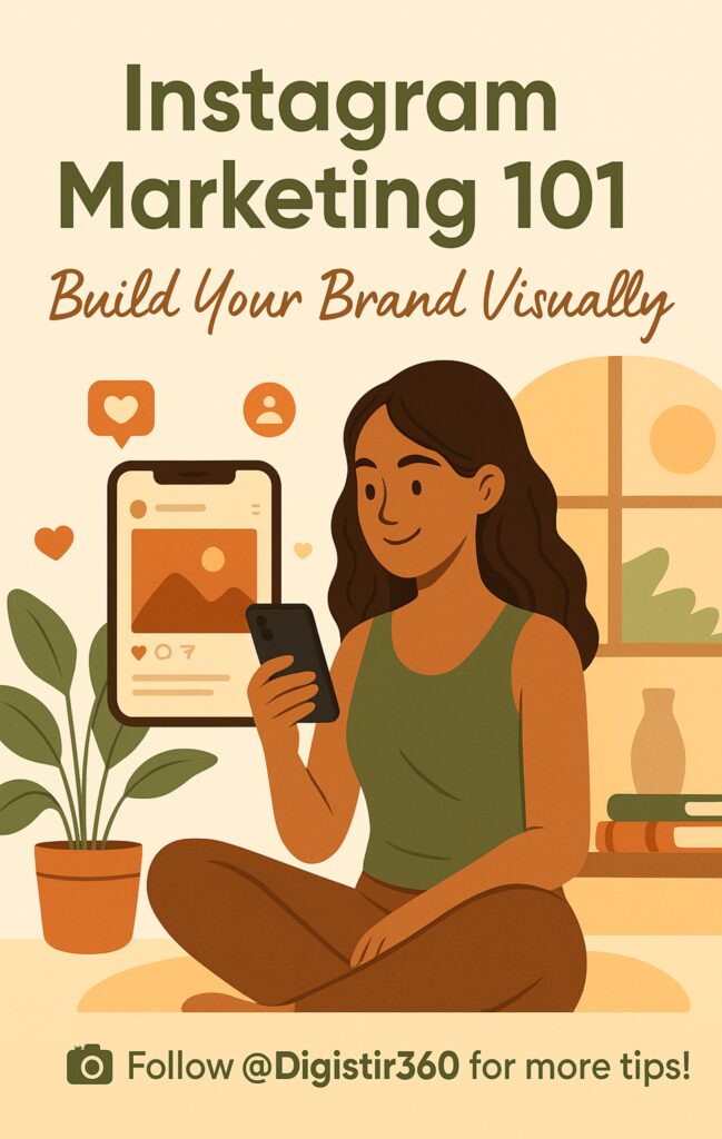 A woman sitting in a cozy modern room using her phone, with Instagram posts and engagement icons around her — an illustration representing Instagram marketing tips for small business.