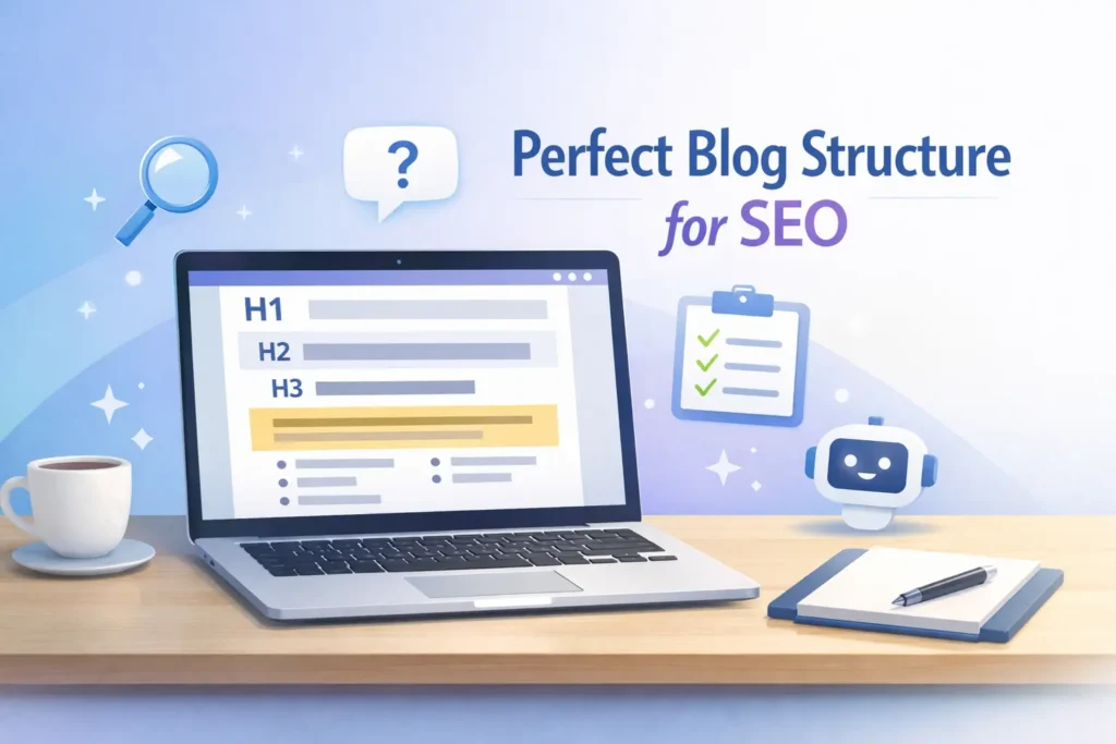 Blog banner illustrating a perfect blog structure for SEO with clear headings, readable formatting, and AI-friendly content layout.