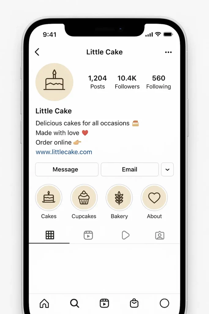 Screenshot of a professional small business Instagram bio featuring logo, contact buttons, and modern highlights — visually appealing and realistic layout

