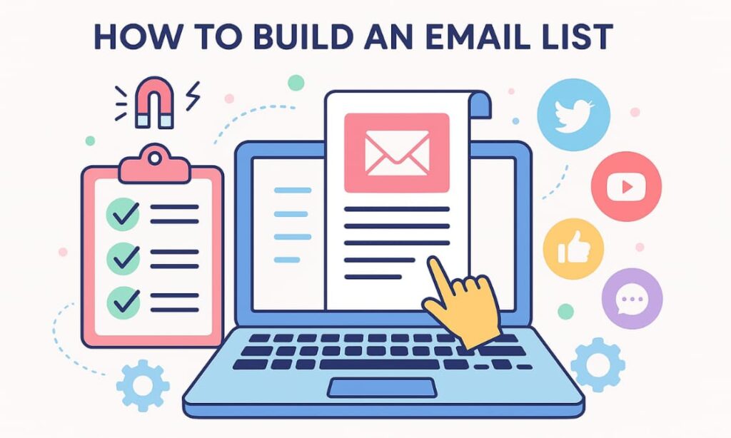 Person typing on laptop with email icons and subscriber growth graph