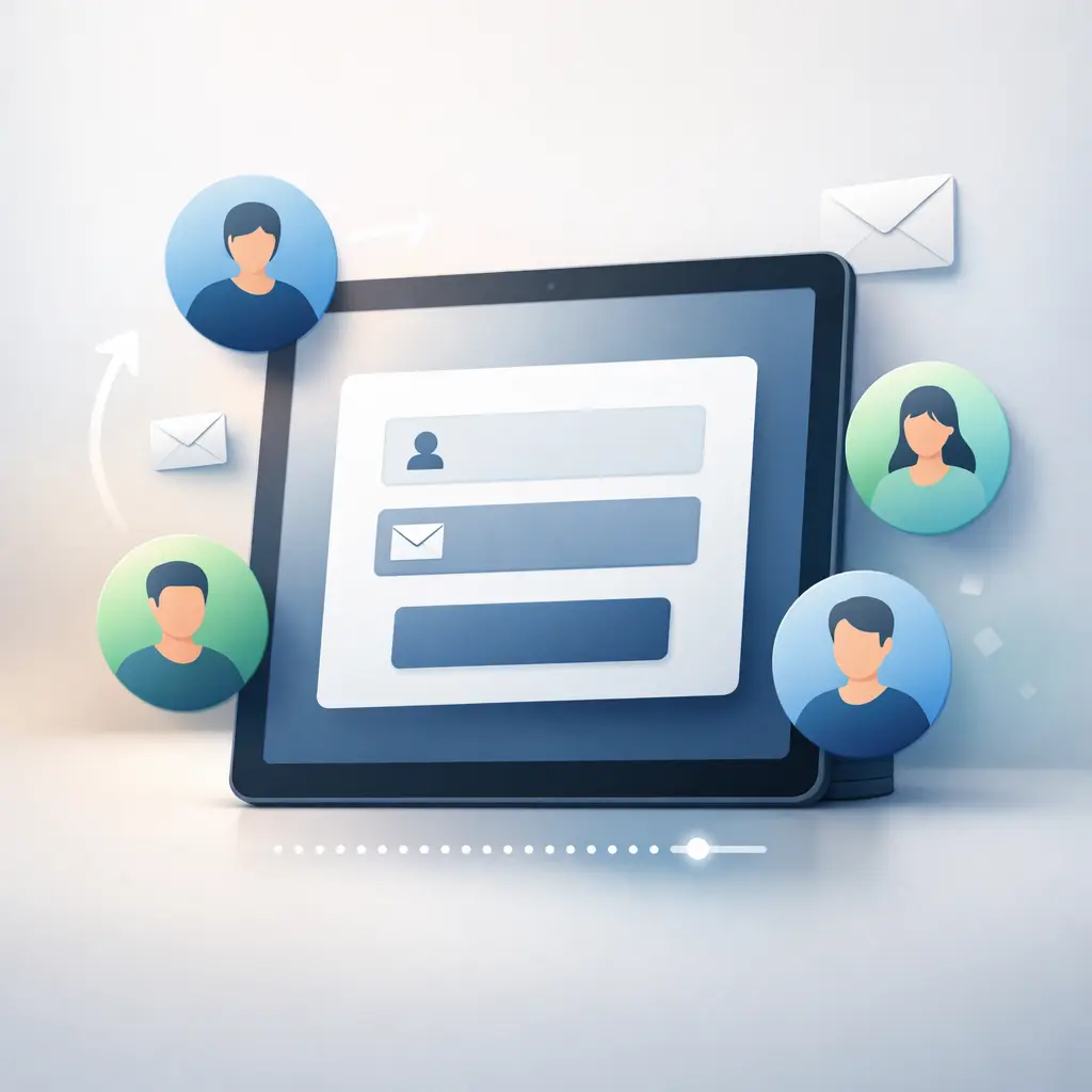 Beginner guide to building an email list from scratch showing a tablet with email signup form and new subscriber icons