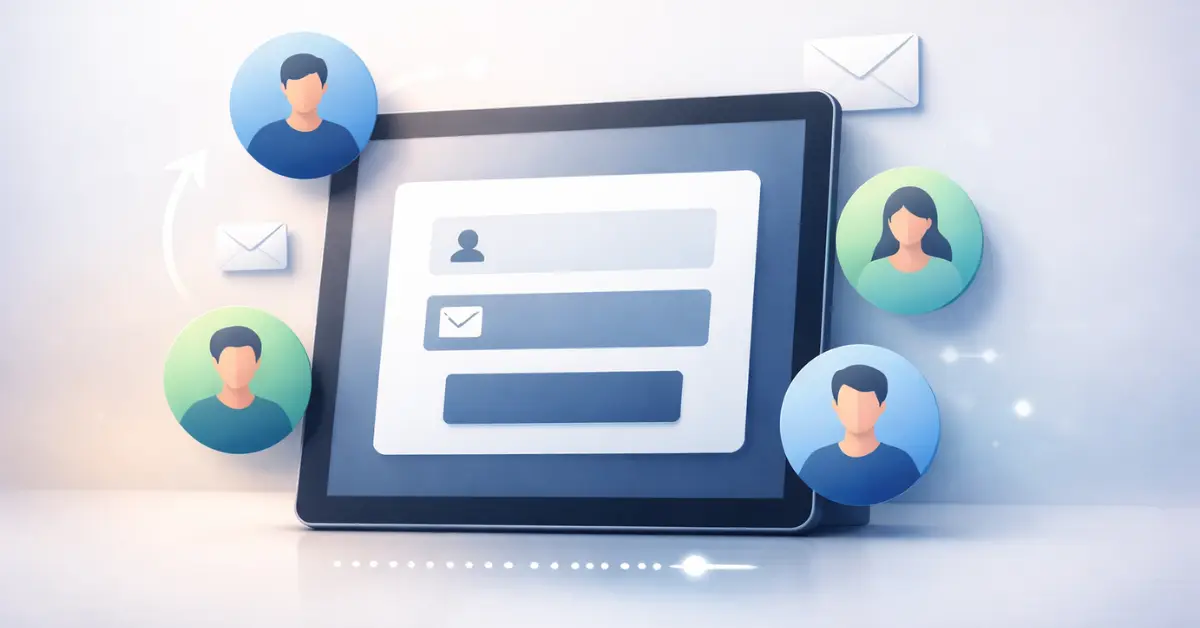 Beginner guide to building an email list from scratch showing a tablet with email signup form and new subscriber icons