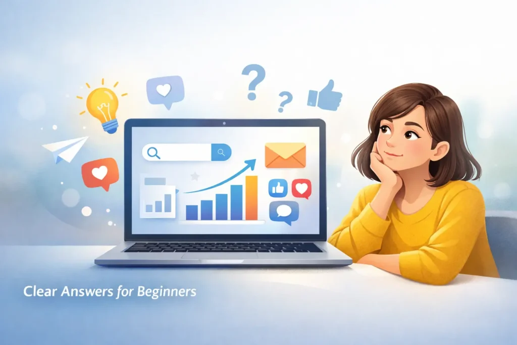 Digital marketing questions explained visually for beginners using laptop and online marketing icons