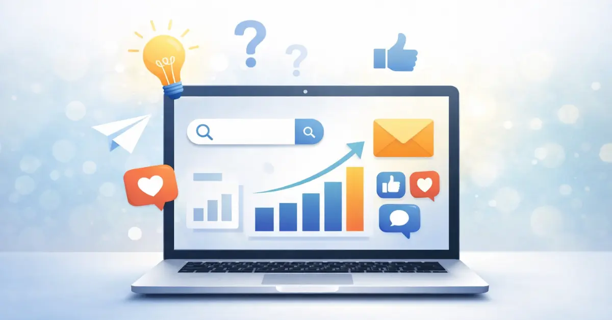 Modern laptop showing analytics and growth charts with icons representing digital marketing questions, search, engagement, and strategy insights.