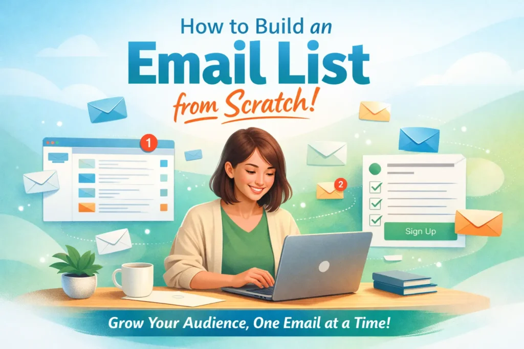 Illustration showing a beginner creator building an email list on a laptop, with email inbox icons, signup forms, and notifications representing email marketing for beginners.