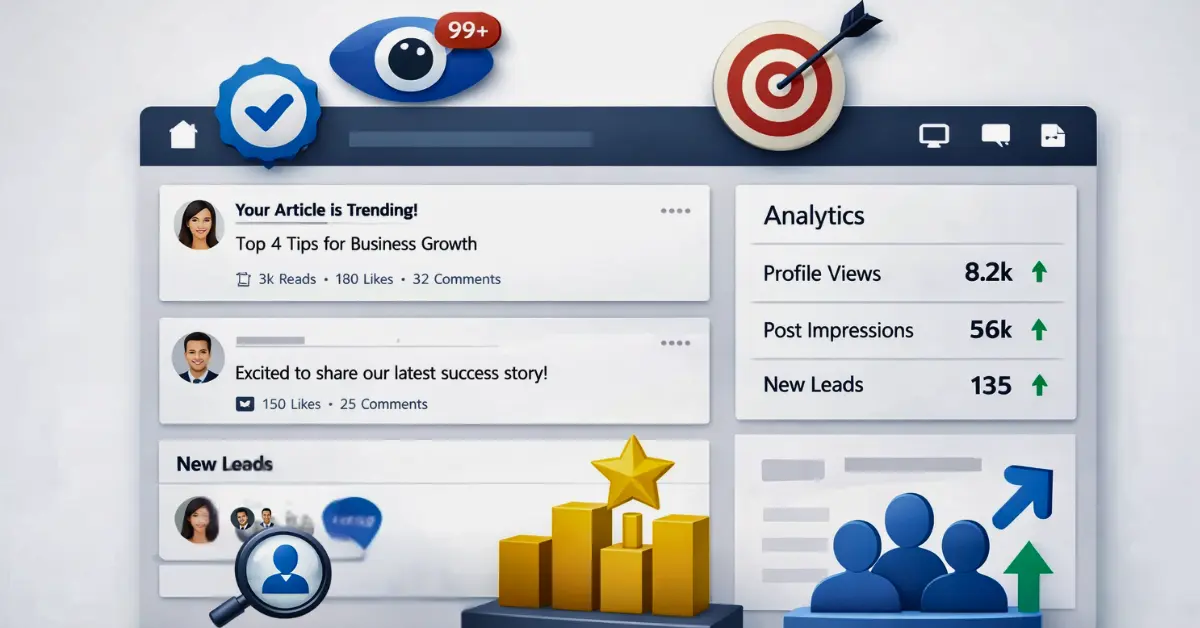 LinkedIn marketing for business featured image illustrating content strategy, engagement, and professional brand building