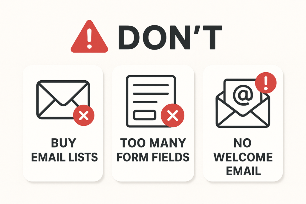Illustration highlighting mistakes beginners make when learning how to build email list in email marketing beginners guides