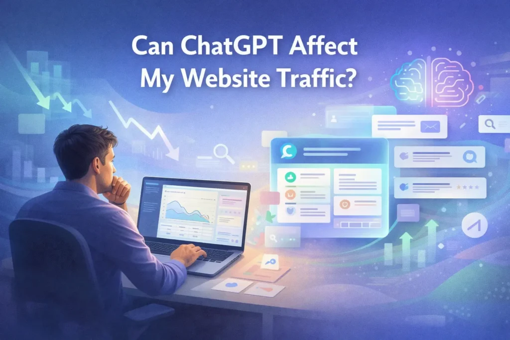 Illustration showing a website owner analyzing declining analytics on a laptop as AI-powered search results appear, explaining the ChatGPT traffic impact on website visibility, SEO performance, and organic search clicks.
