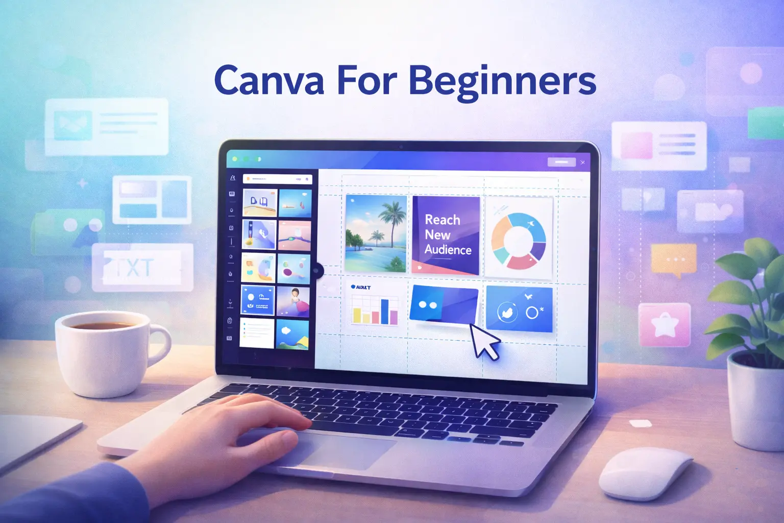 Canva design interface showing a beginner creating simple graphics using drag-and-drop elements, templates, and visual hierarchy tools.